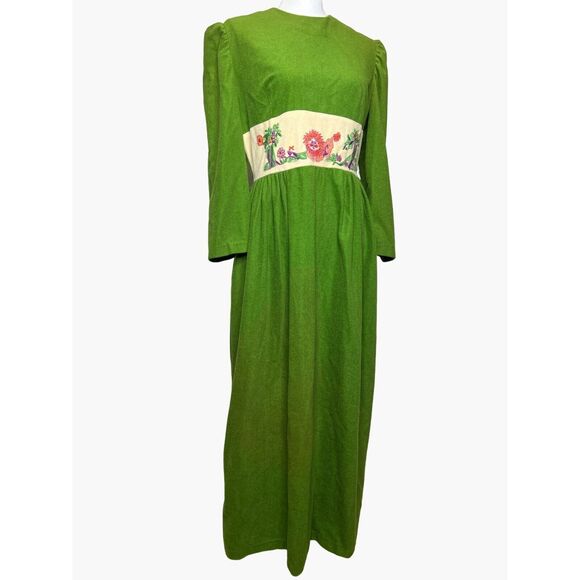 Vintage 70s Green Velour Hostess Dress Maxi Gown Embroidered KenRobes Kenrose - Picture 1 of 15